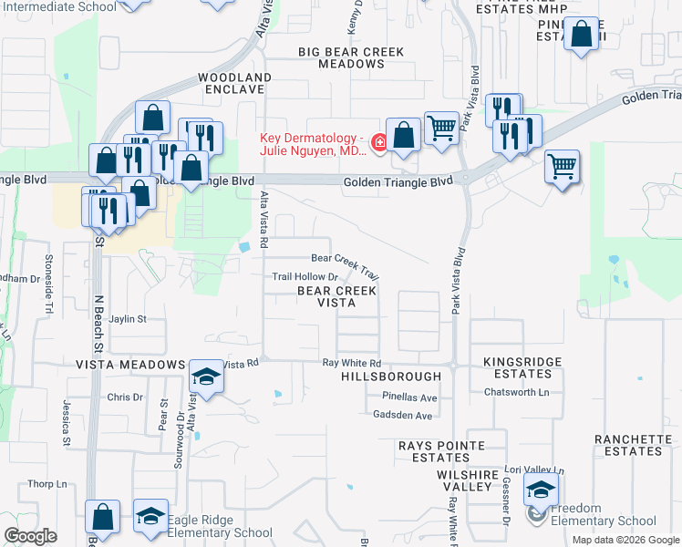 map of restaurants, bars, coffee shops, grocery stores, and more near 4885 Trail Hollow Drive in Fort Worth