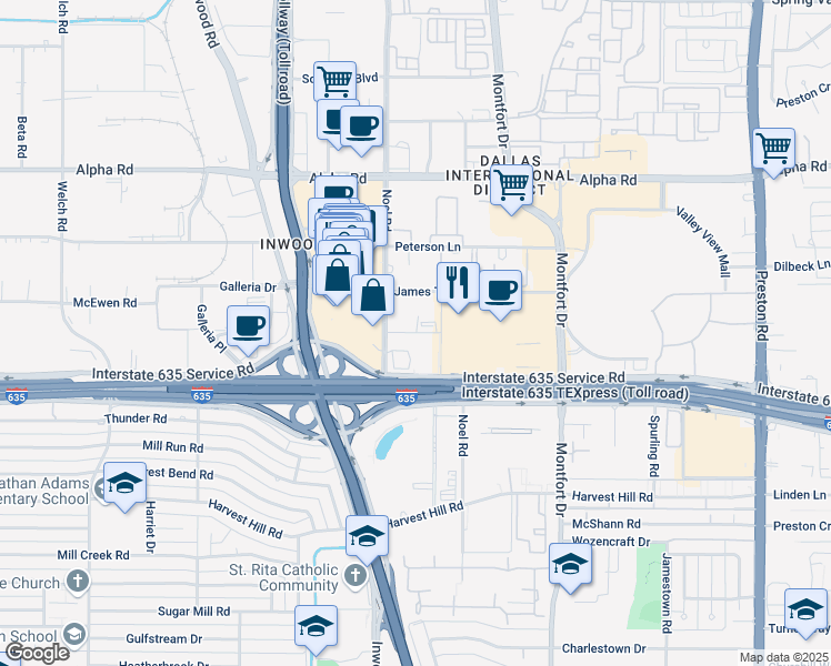 map of restaurants, bars, coffee shops, grocery stores, and more near 5327 Lyndon B Johnson Freeway in Dallas