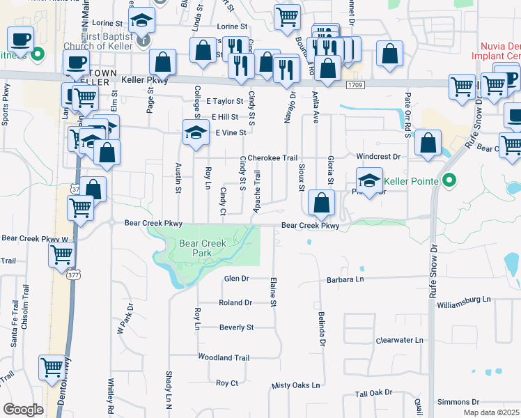 map of restaurants, bars, coffee shops, grocery stores, and more near 401 Apache Trail in Keller