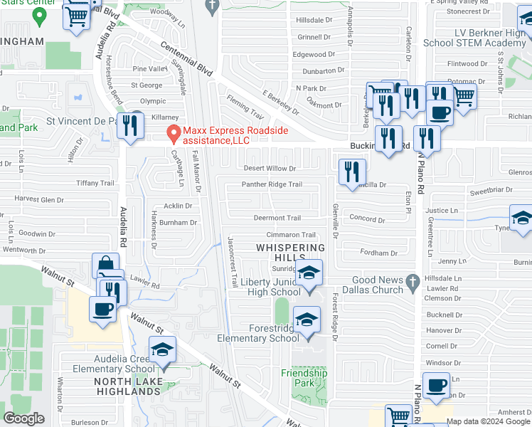 map of restaurants, bars, coffee shops, grocery stores, and more near 10139 Deermont Trail in Dallas