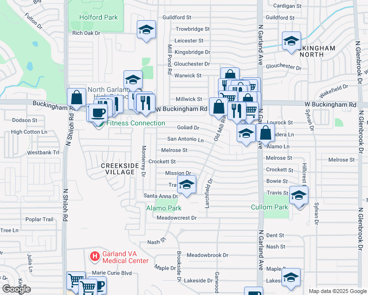 map of restaurants, bars, coffee shops, grocery stores, and more near 1817 Melrose Street in Garland