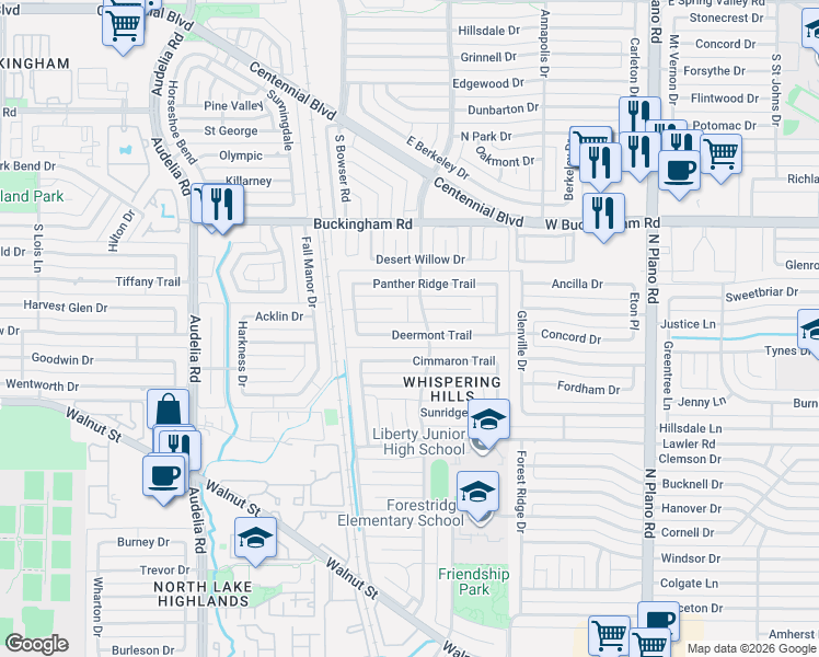 map of restaurants, bars, coffee shops, grocery stores, and more near 10139 Deermont Trail in Dallas