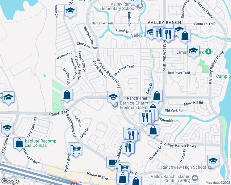 map of restaurants, bars, coffee shops, grocery stores, and more near 8855 Valley Ranch Parkway West in Irving