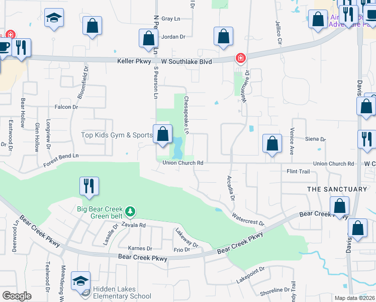 map of restaurants, bars, coffee shops, grocery stores, and more near 540 Michener Court in Southlake