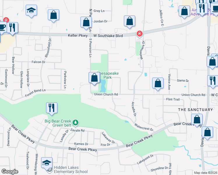 map of restaurants, bars, coffee shops, grocery stores, and more near 540 Michener Court in Southlake