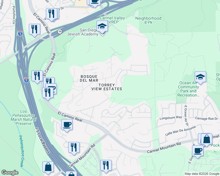 map of restaurants, bars, coffee shops, grocery stores, and more near 4029 Arroyo Sorrento Road in San Diego
