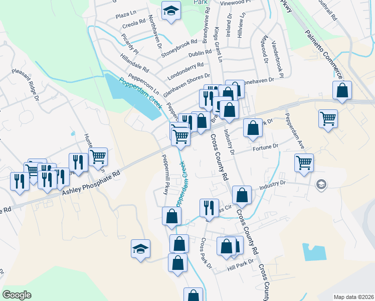 map of restaurants, bars, coffee shops, grocery stores, and more near 3381 Ashley Phosphate Road in North Charleston