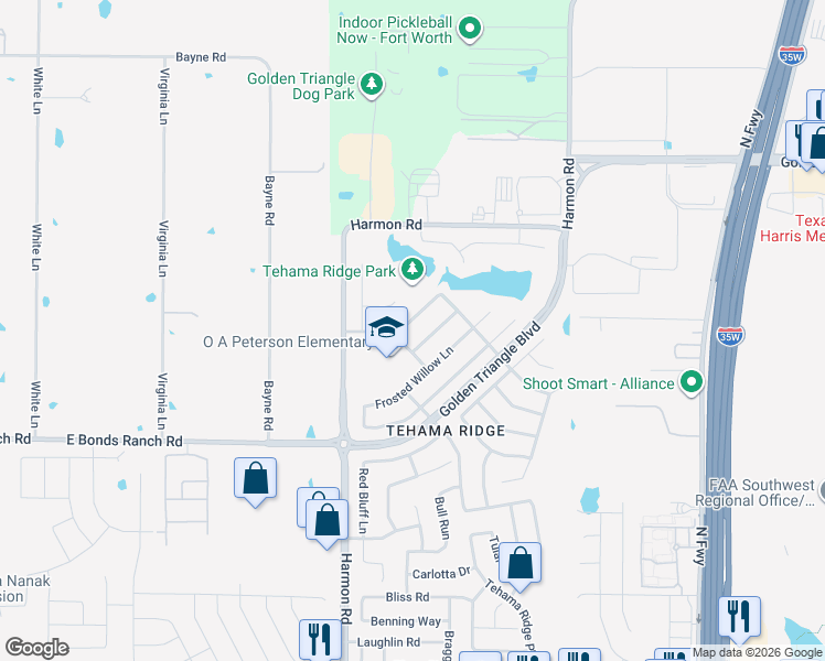map of restaurants, bars, coffee shops, grocery stores, and more near 2112 Ravens Nest Drive in Fort Worth