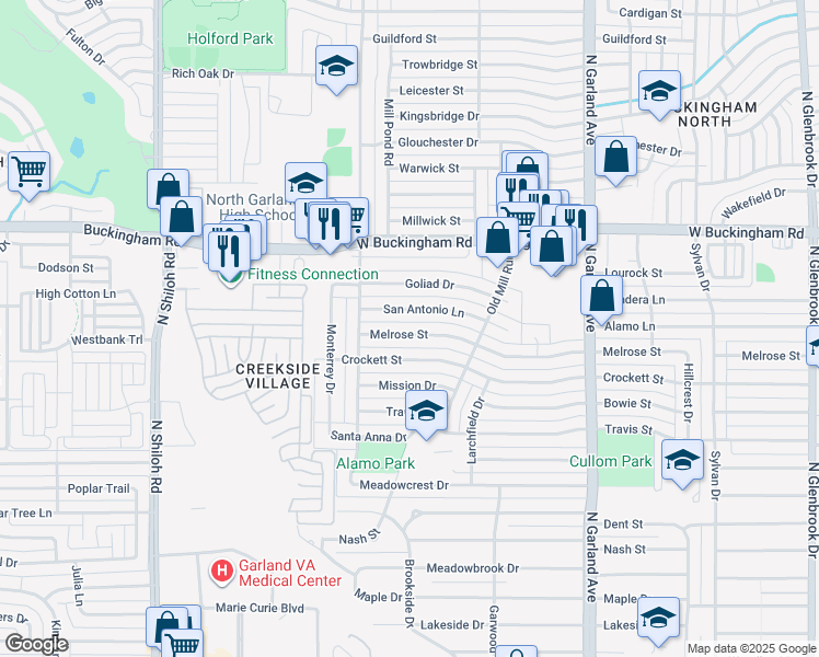map of restaurants, bars, coffee shops, grocery stores, and more near 1817 Melrose Street in Garland