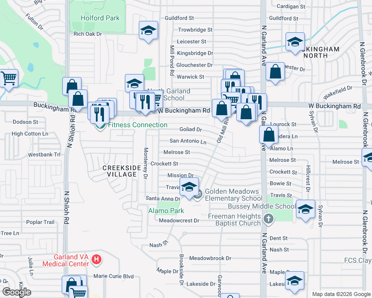 map of restaurants, bars, coffee shops, grocery stores, and more near 1817 Melrose Street in Garland