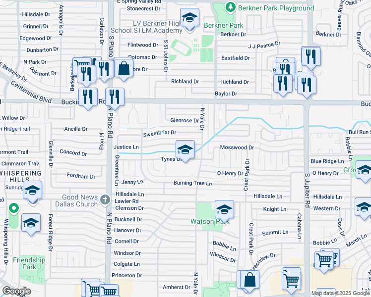 map of restaurants, bars, coffee shops, grocery stores, and more near 4014 Justice Lane in Garland