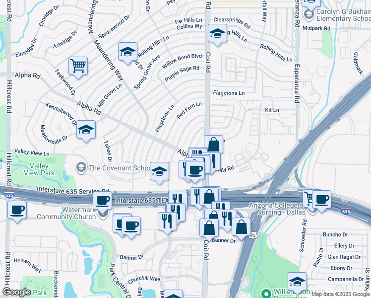map of restaurants, bars, coffee shops, grocery stores, and more near 13105 Southview Lane in Dallas