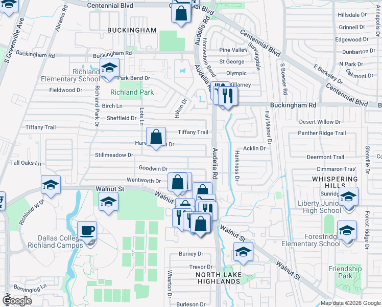 map of restaurants, bars, coffee shops, grocery stores, and more near 633 Stillmeadow Drive in Richardson