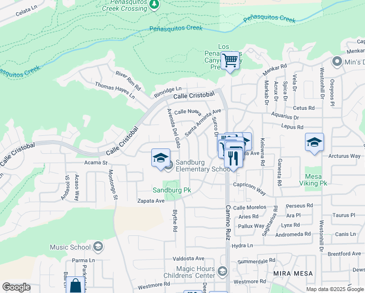 map of restaurants, bars, coffee shops, grocery stores, and more near 11343 Avenida Del Gato in San Diego