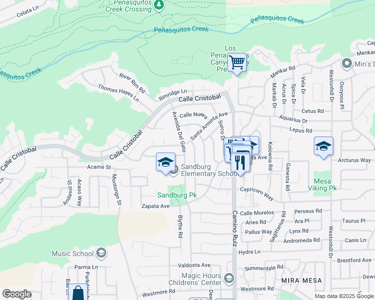 map of restaurants, bars, coffee shops, grocery stores, and more near 11343 Avenida Del Gato in San Diego