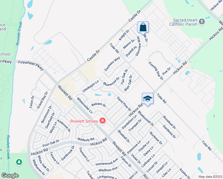 map of restaurants, bars, coffee shops, grocery stores, and more near 7506 Sand Pine Drive in Rowlett