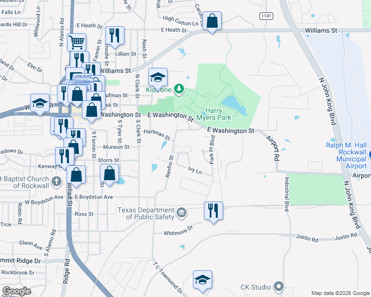 map of restaurants, bars, coffee shops, grocery stores, and more near 389 Jordan Farm Circle in Rockwall