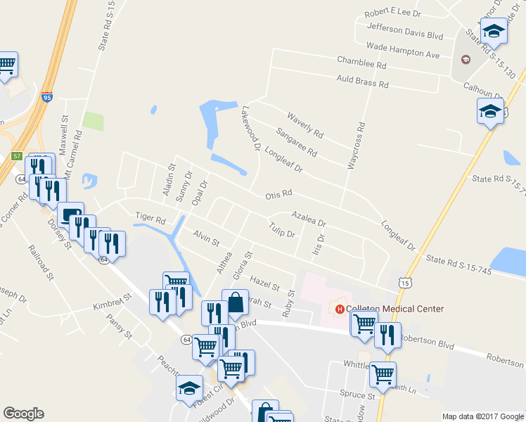 map of restaurants, bars, coffee shops, grocery stores, and more near 500 Azalea Drive in Walterboro