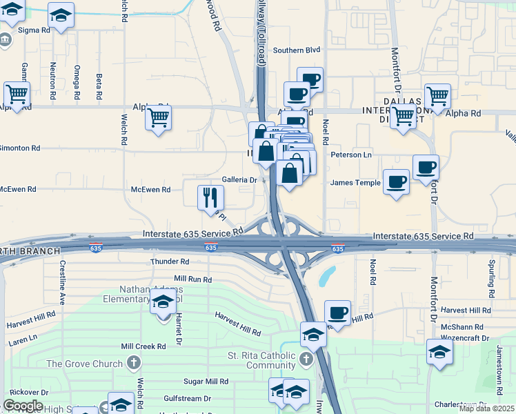 map of restaurants, bars, coffee shops, grocery stores, and more near 5005 Lyndon B Johnson Freeway in Dallas