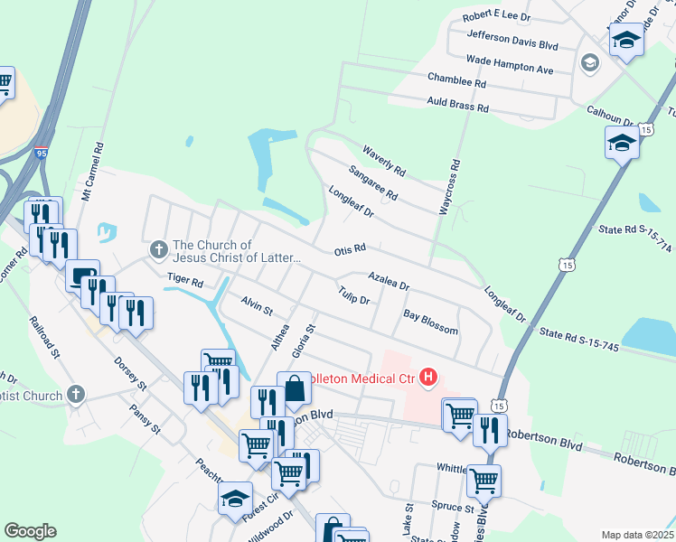 map of restaurants, bars, coffee shops, grocery stores, and more near 500 Azalea Drive in Walterboro