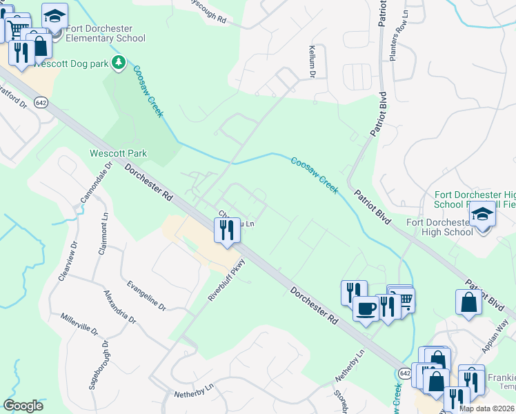 map of restaurants, bars, coffee shops, grocery stores, and more near 2602 Dorchester Road in North Charleston