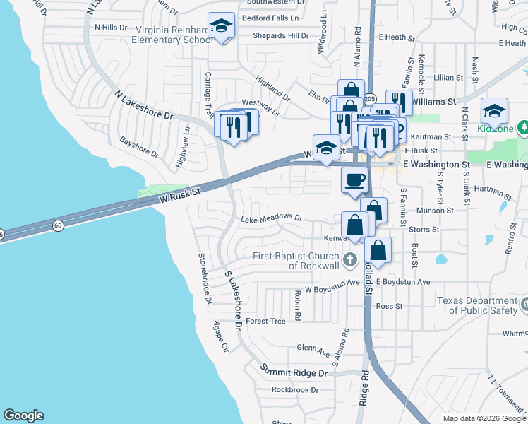 map of restaurants, bars, coffee shops, grocery stores, and more near 703 Lake Meadows Court in Rockwall