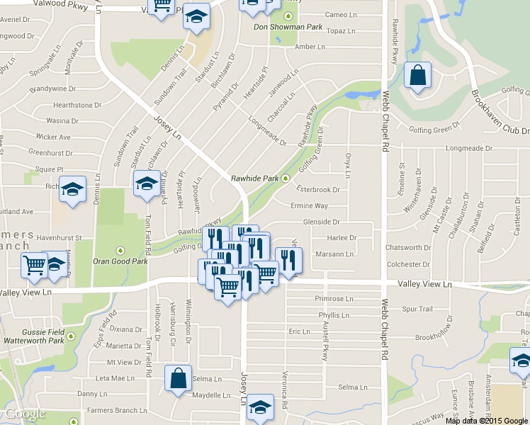 map of restaurants, bars, coffee shops, grocery stores, and more near 2920 Golfing Green Drive in Farmers Branch