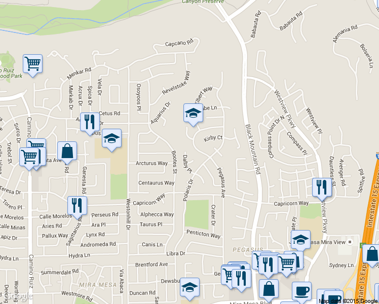 map of restaurants, bars, coffee shops, grocery stores, and more near 11377 Dalby Place in San Diego