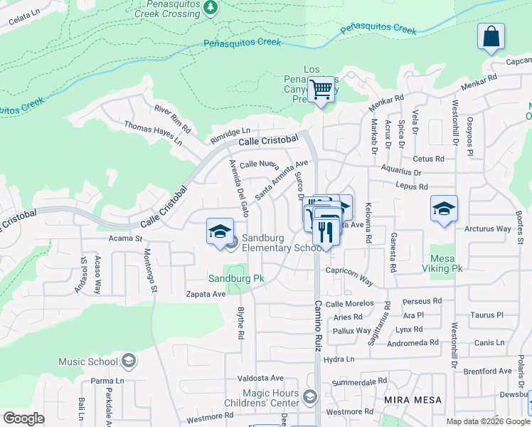 map of restaurants, bars, coffee shops, grocery stores, and more near 11339 Calle Dario in San Diego
