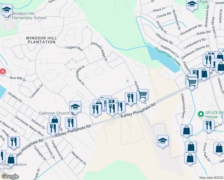 map of restaurants, bars, coffee shops, grocery stores, and more near 68 Peppertree Lane in Charleston