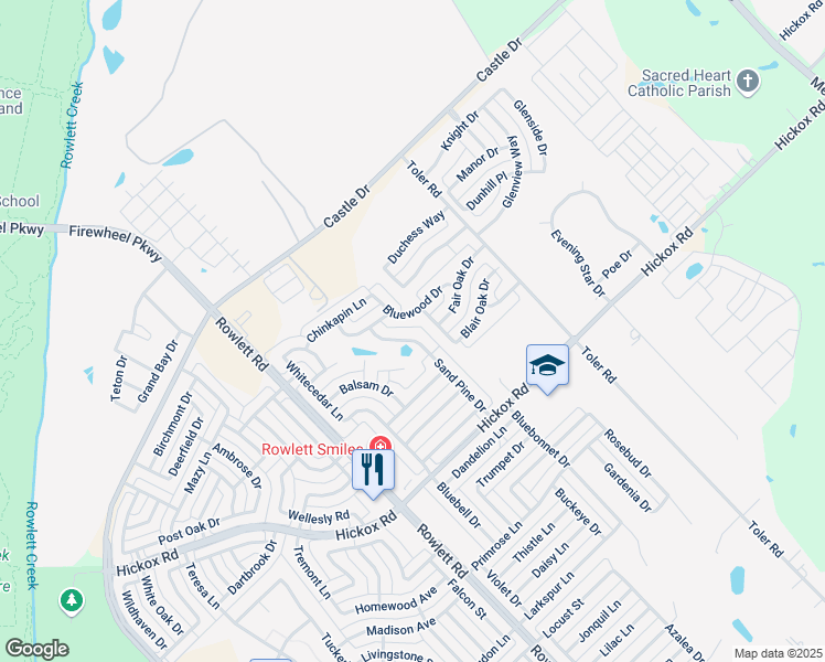 map of restaurants, bars, coffee shops, grocery stores, and more near 7506 Sand Pine Drive in Rowlett