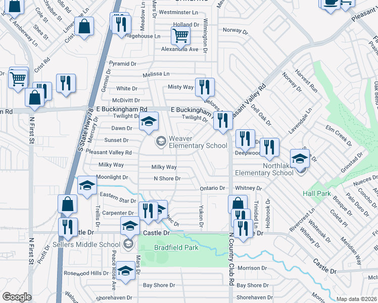 map of restaurants, bars, coffee shops, grocery stores, and more near 1001 Pleasant Valley Road in Garland