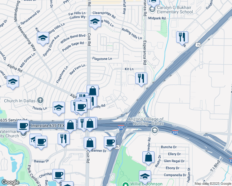 map of restaurants, bars, coffee shops, grocery stores, and more near 13259 Emily Road in Dallas