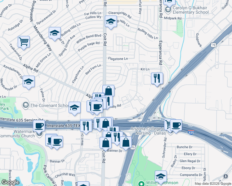 map of restaurants, bars, coffee shops, grocery stores, and more near 13154 Coit Road in Dallas