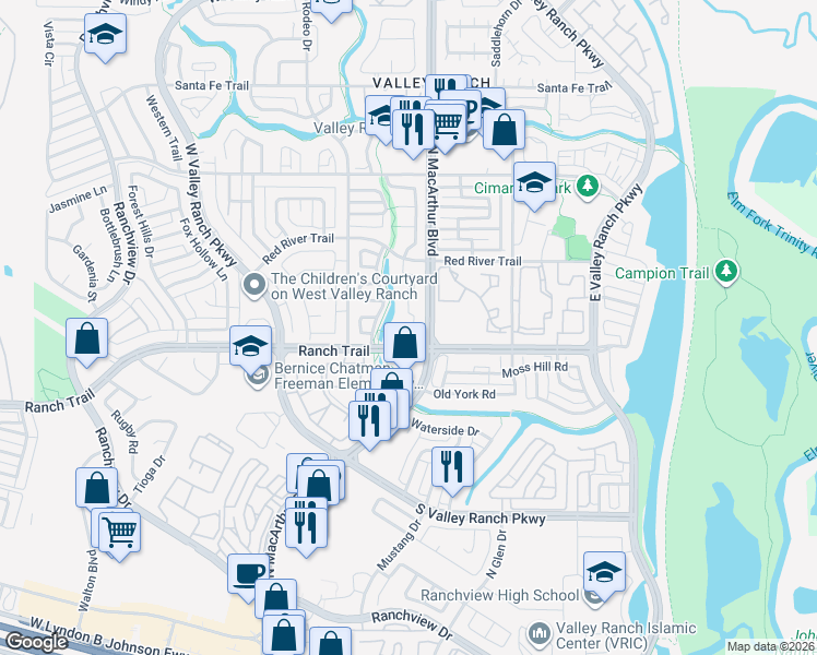 map of restaurants, bars, coffee shops, grocery stores, and more near 519 Ranch Trail in Irving