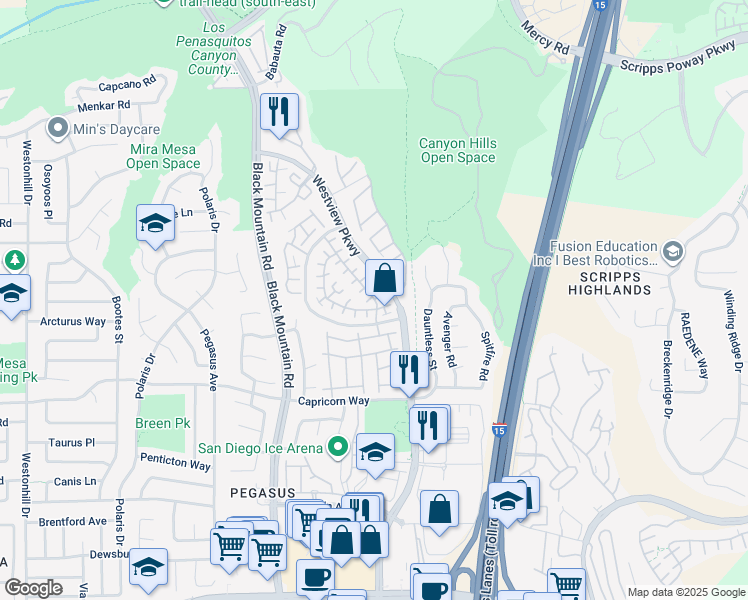 map of restaurants, bars, coffee shops, grocery stores, and more near 9472 Compass Point Drive South in San Diego