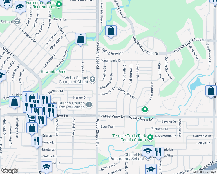 map of restaurants, bars, coffee shops, grocery stores, and more near 13340 Winterhaven Drive in Farmers Branch