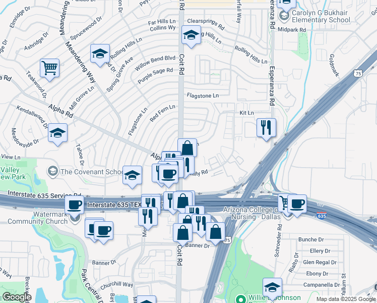 map of restaurants, bars, coffee shops, grocery stores, and more near 13154 Coit Road in Dallas