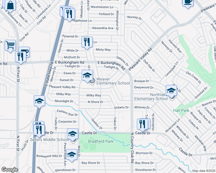 map of restaurants, bars, coffee shops, grocery stores, and more near 1001 Pleasant Valley Road in Garland