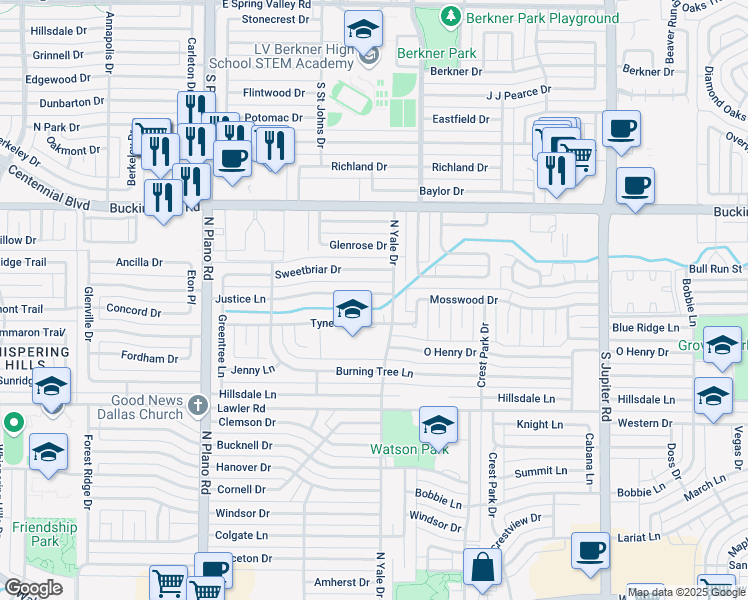 map of restaurants, bars, coffee shops, grocery stores, and more near 4014 Justice Lane in Garland