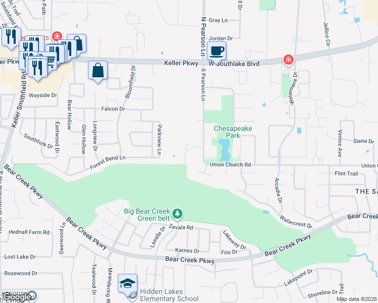 map of restaurants, bars, coffee shops, grocery stores, and more near 430 South Pearson Lane in Keller