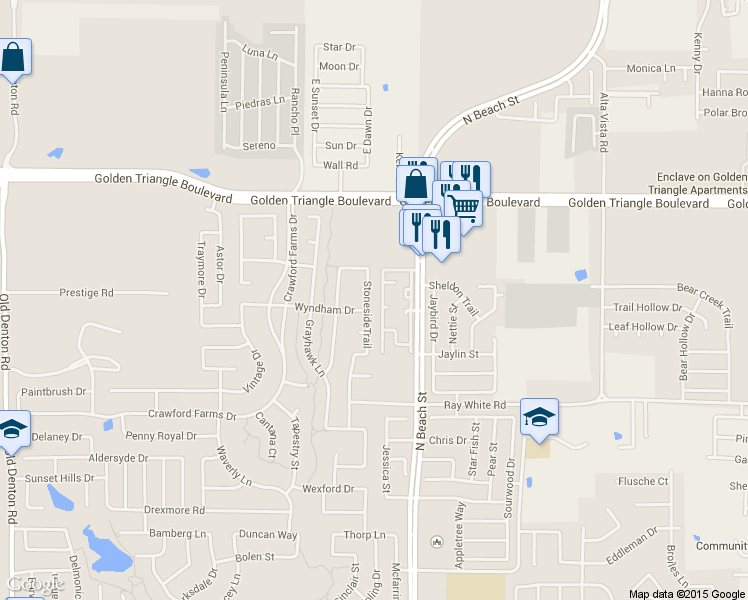 map of restaurants, bars, coffee shops, grocery stores, and more near 10608 StonesideTrail in Fort Worth