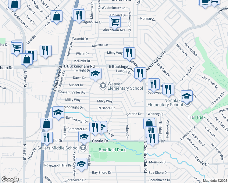 map of restaurants, bars, coffee shops, grocery stores, and more near 1001 Pleasant Valley Road in Garland