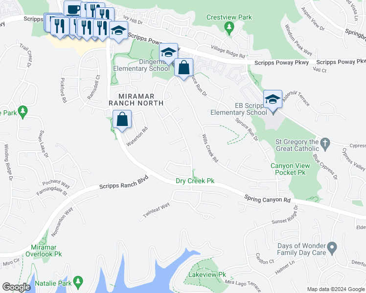 map of restaurants, bars, coffee shops, grocery stores, and more near 11132 Swanson Court in San Diego
