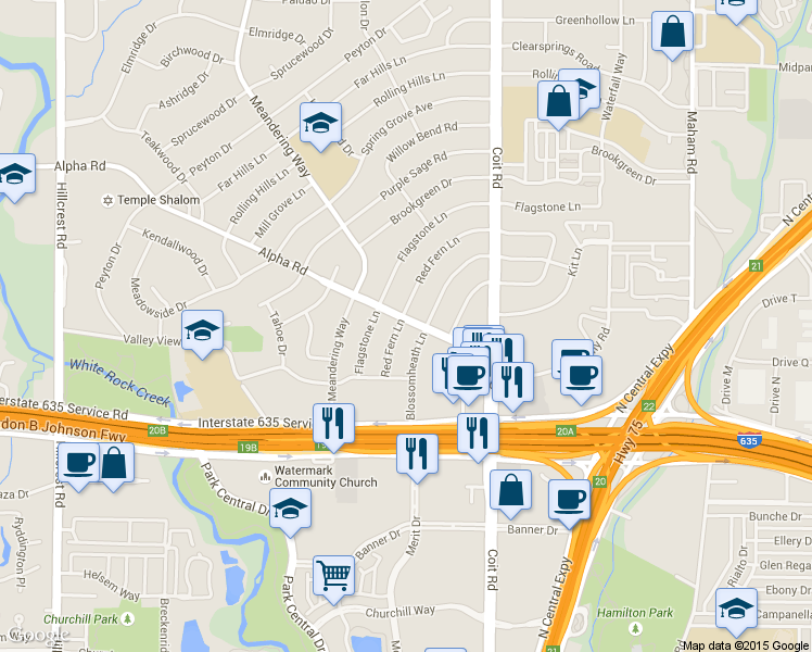 map of restaurants, bars, coffee shops, grocery stores, and more near 13150 Red Fern Ln in Dallas