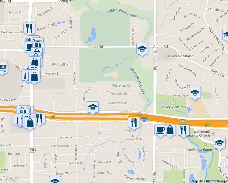 map of restaurants, bars, coffee shops, grocery stores, and more near 6525 Stonebrook Cir in Dallas
