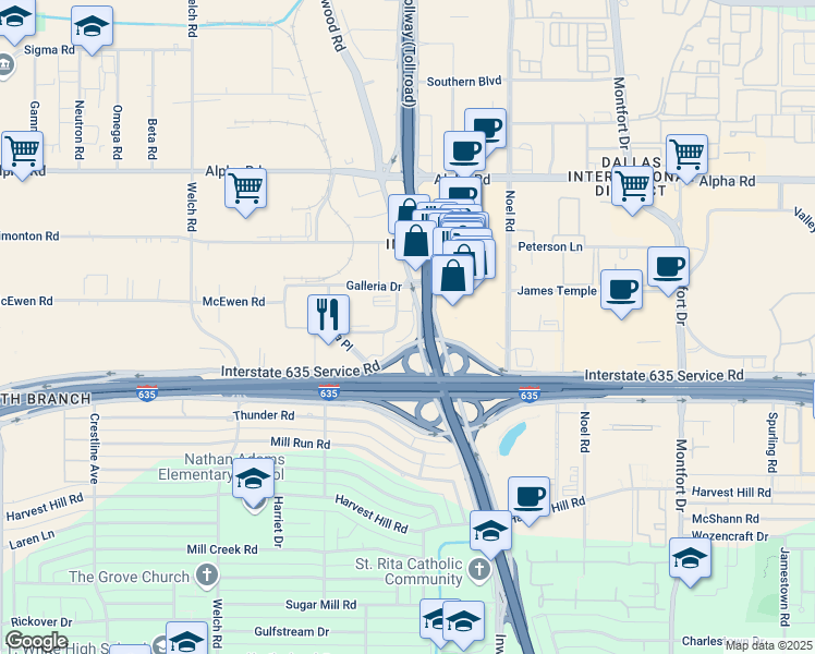 map of restaurants, bars, coffee shops, grocery stores, and more near 5005 Lyndon B Johnson Freeway in Dallas