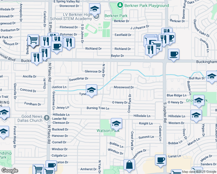 map of restaurants, bars, coffee shops, grocery stores, and more near 1617 Tynes Drive in Garland