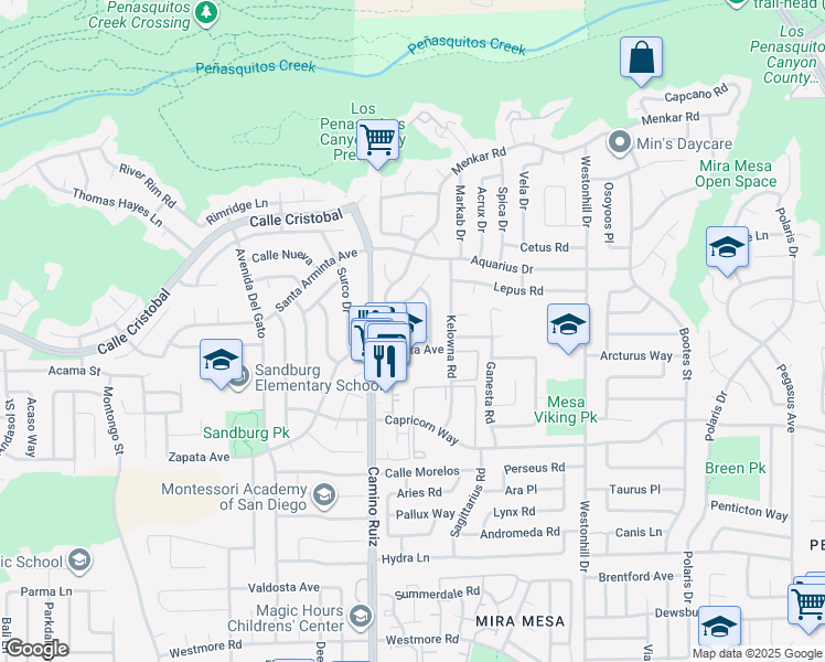 map of restaurants, bars, coffee shops, grocery stores, and more near 8323 Menkar Road in San Diego