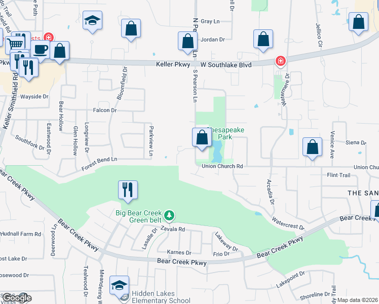 map of restaurants, bars, coffee shops, grocery stores, and more near 430 South Pearson Lane in Keller